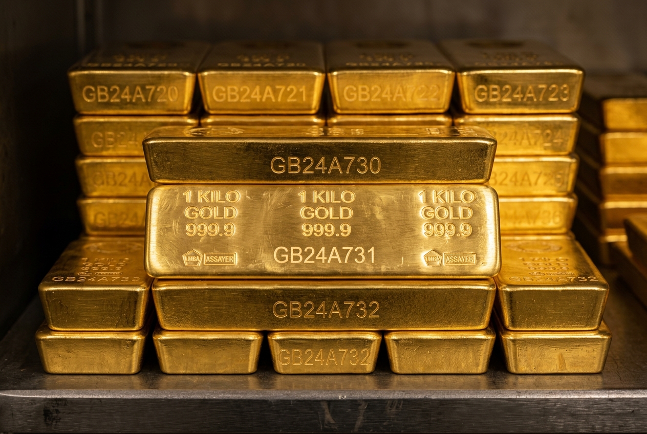 Lingots d'or numérotés et empilés dans un coffre de stockage sécurisé